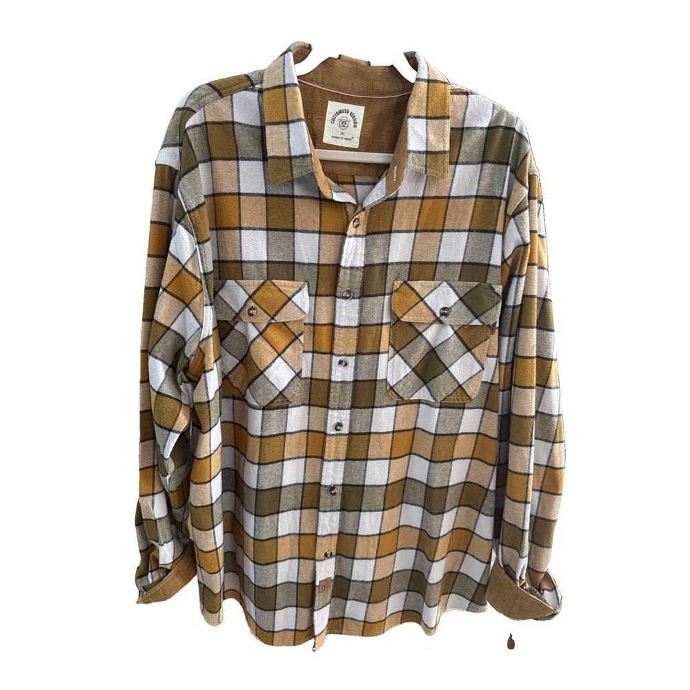 CUSTOMIZED VERSION Mens 2XL Heavy Flannel Corduroy Cuff Brown Plaid Pockets